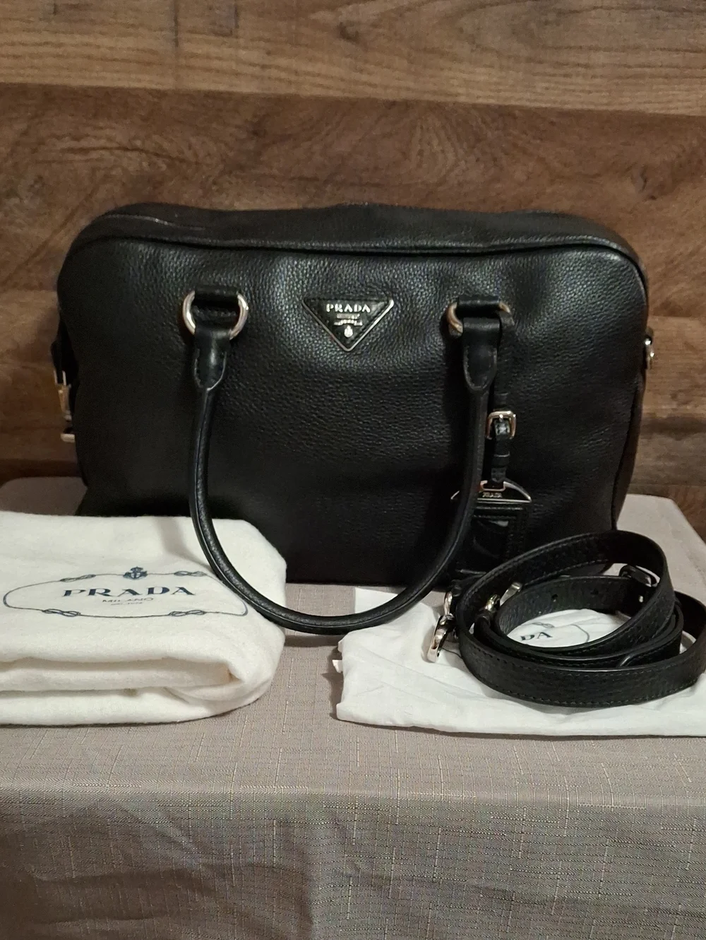 Prada Black Pebbled Leather Satchel with Removable Strap